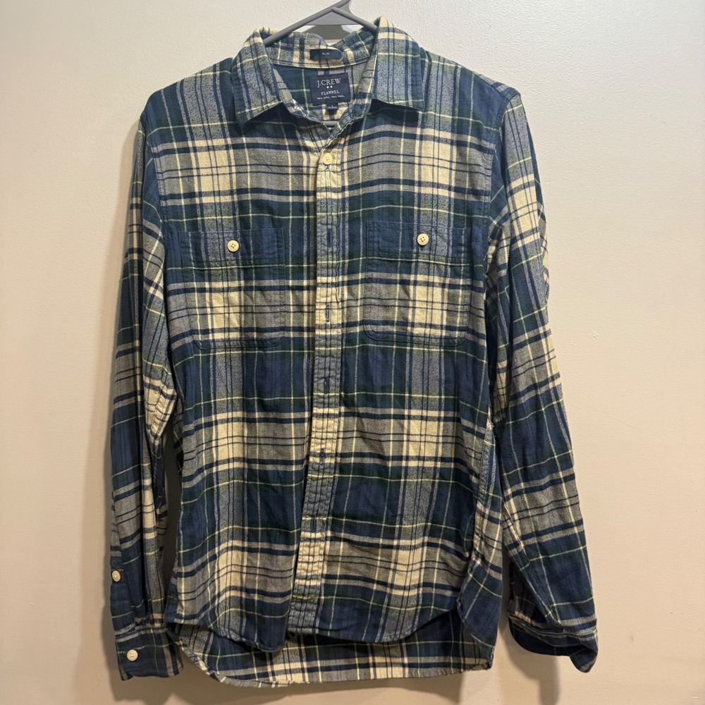 J.Crew Mens Slim Fit Flannel Shirt Small Blue Cream Plaid Cotton Button Down 389